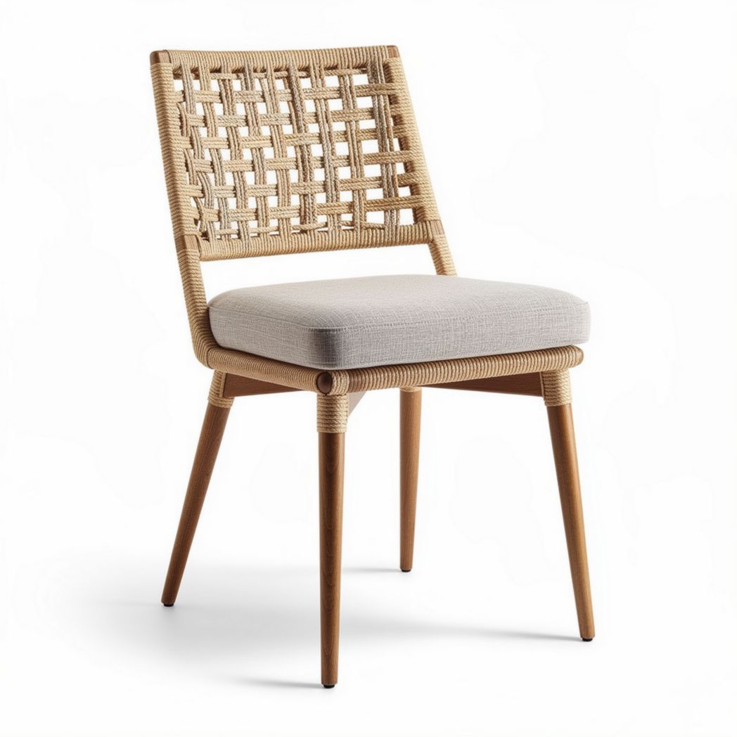 Chaise en rotin naturel avec coussin en tissu beige dimensions 50 x 50 x 85cm