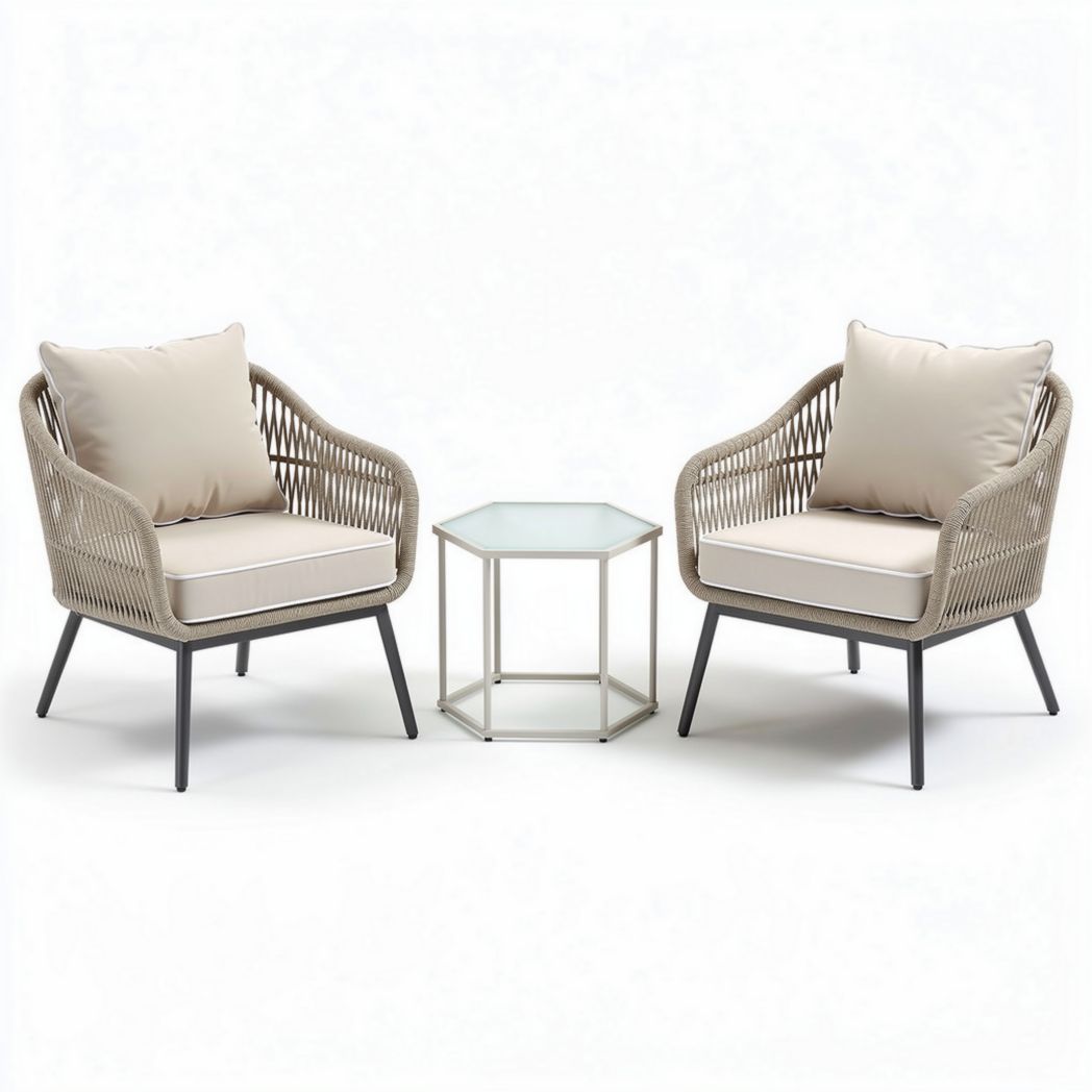 Salon de jardin en résine tressée beige avec table en verre 70 x 70 x 60cm
