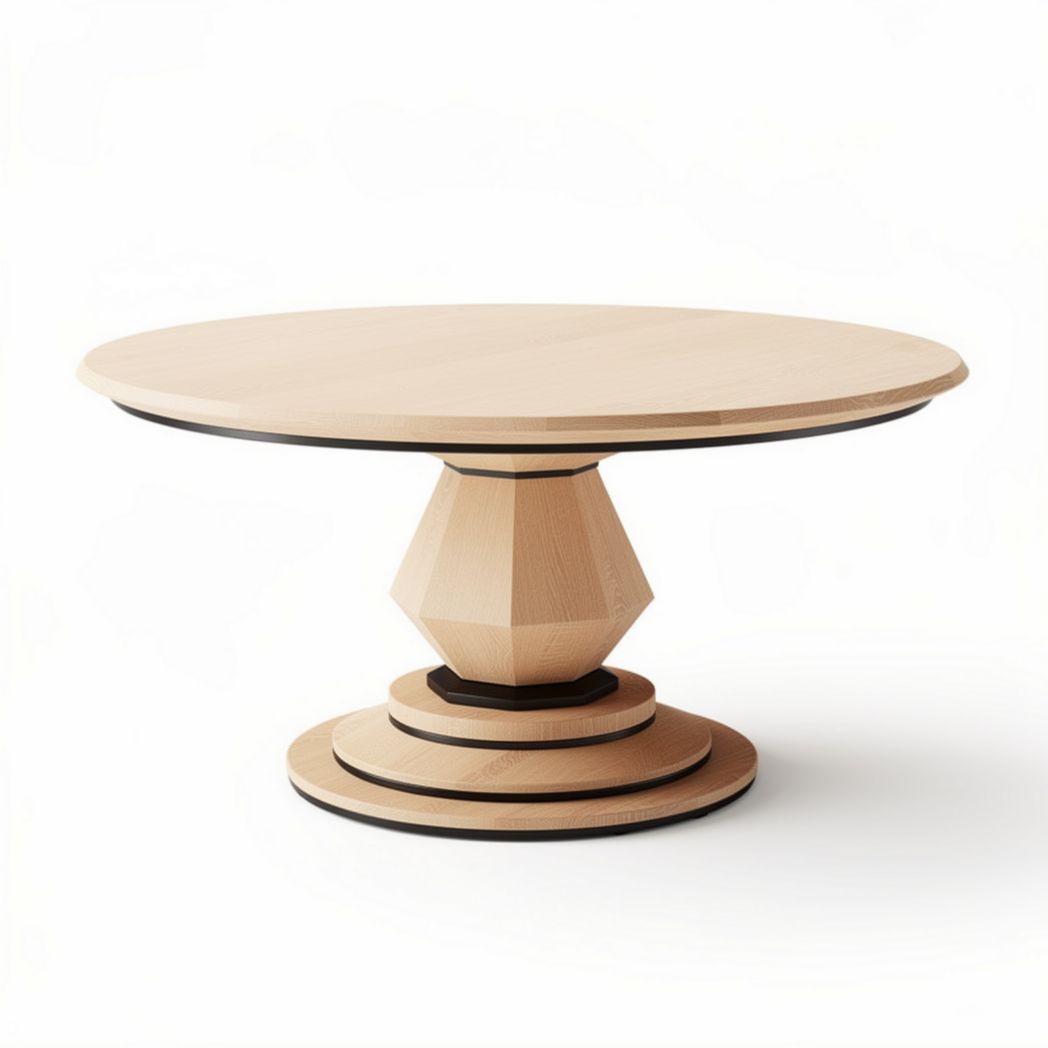 Table ronde en bois clair de dimensions 100 x 100 x 75cm avec base géométrique