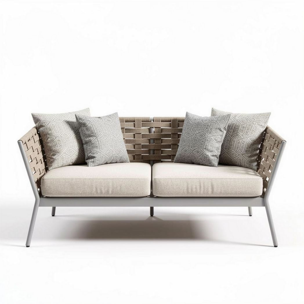 Canapé d'extérieur en aluminium tissé gris avec coussins blancs 150 x 75 x 70cm