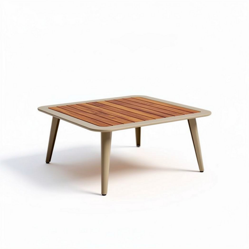 Table basse en aluminium et bois spacieux 80 x 80 x 40cm couleur beige et brun