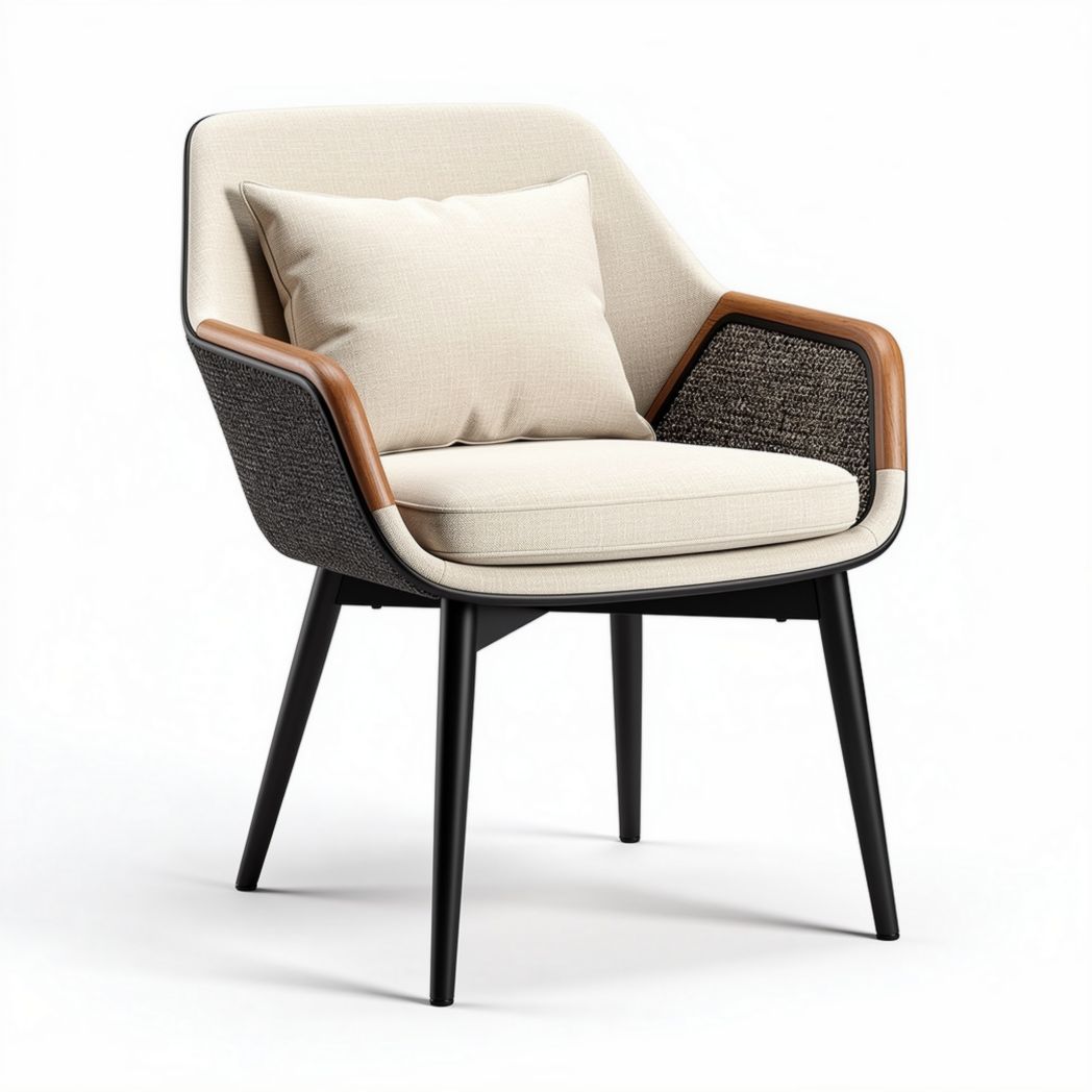 Fauteuil moderne en tissu clair avec accoudoirs en bois noir 70 x 70 x 80cm