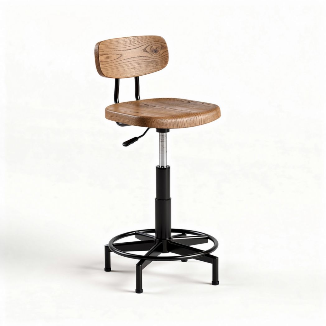 Tabouret de bar en bois clair et métal noir réglable en hauteur 45 x 45 x 90cm