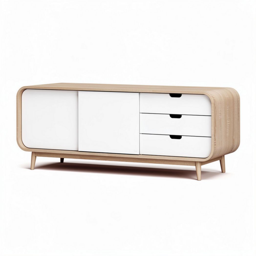 Meuble de rangement en bois clair avec portes blanches et tiroirs 120 x 40 x 50cm