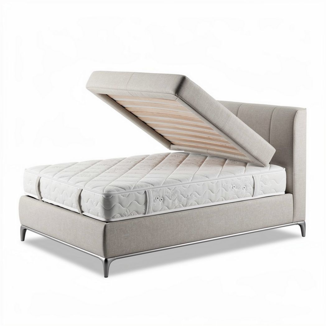 Lit avec matelas fabriqué en tissu beige et structure en métal 200 x 160 x 100cm
